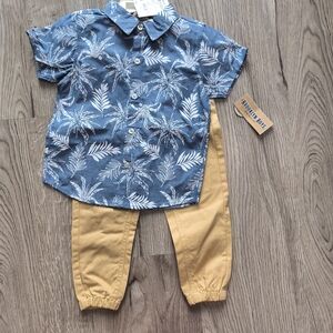Blue Leaf Print Shirt and Tan Pants Set